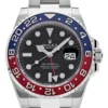 Luxury Rolex watch with stainless steel case and black dial displayed on a white background
