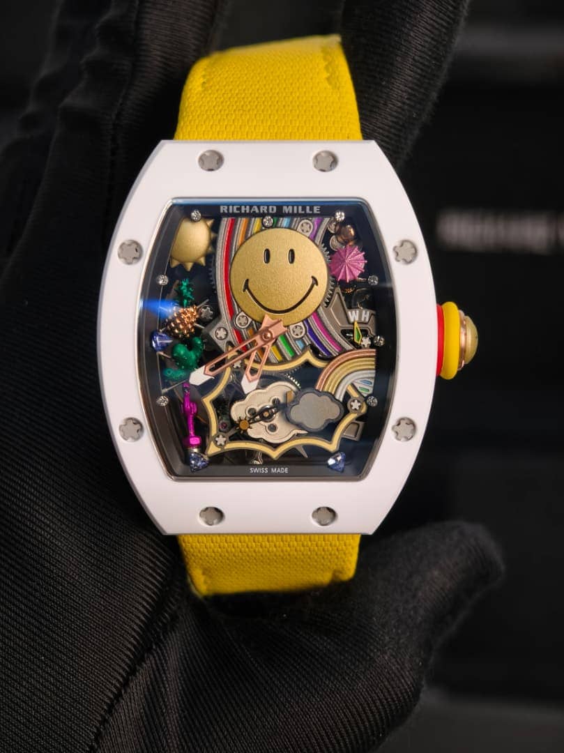 White ceramic Richard Mille RM 88 Smiley super clone watch with skeleton dial and yellow strap